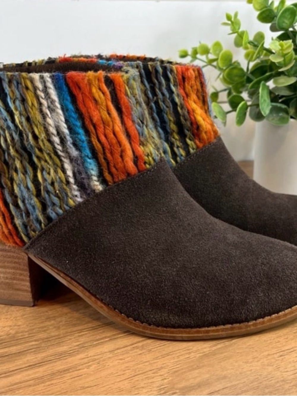 Toms Black Suede Ankle Boots with Multicolor Knit Cuff